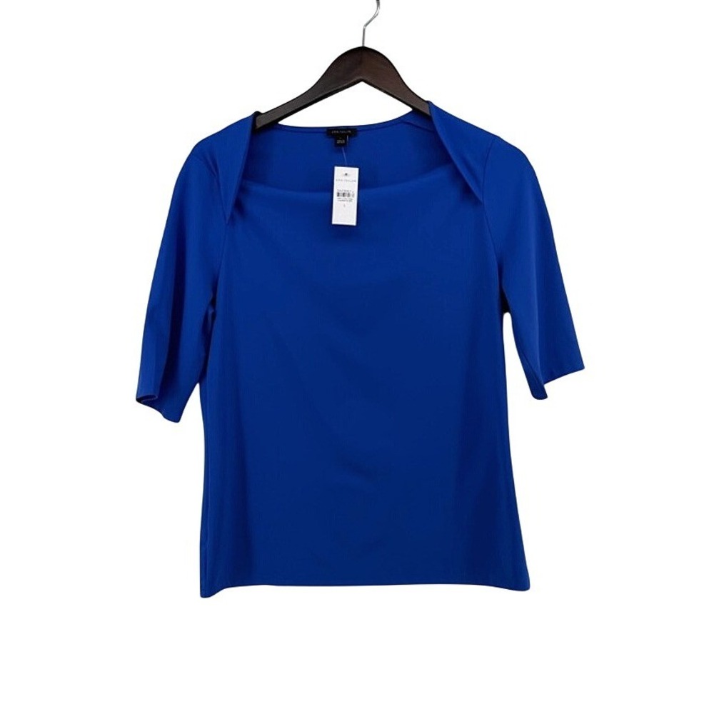 Ann Taylor Royal Blue Square Neck Folded Shoulder Elbow Sleeve Top NWT Large